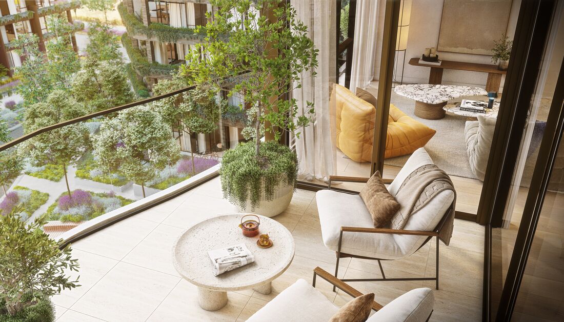 One bedroom living area with balcony and garden outlook, artist impression