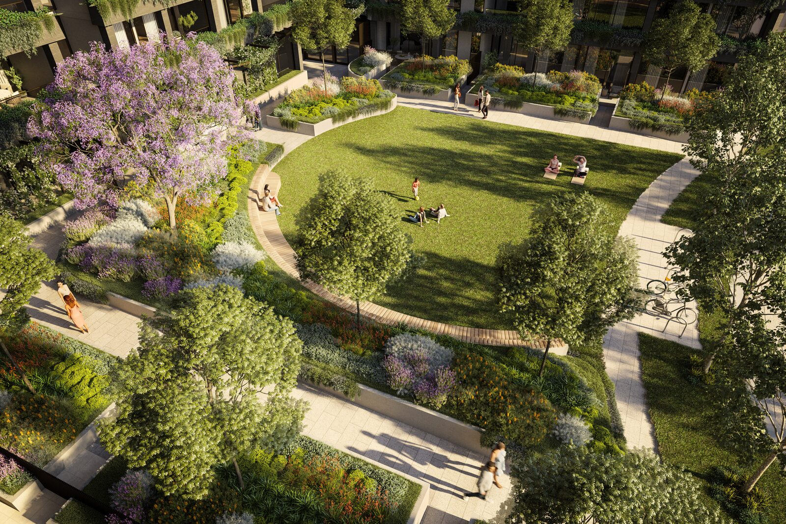 Aerial view of the parkland and gardens at Moonee Valley Park, artist impression